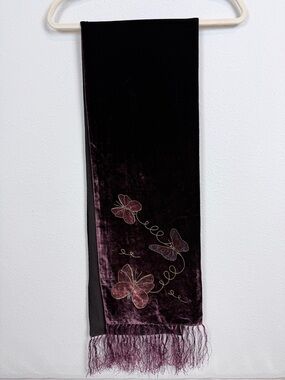 Hand-painted Plum Velvet Scarf with Butterflies & Fringe 60”